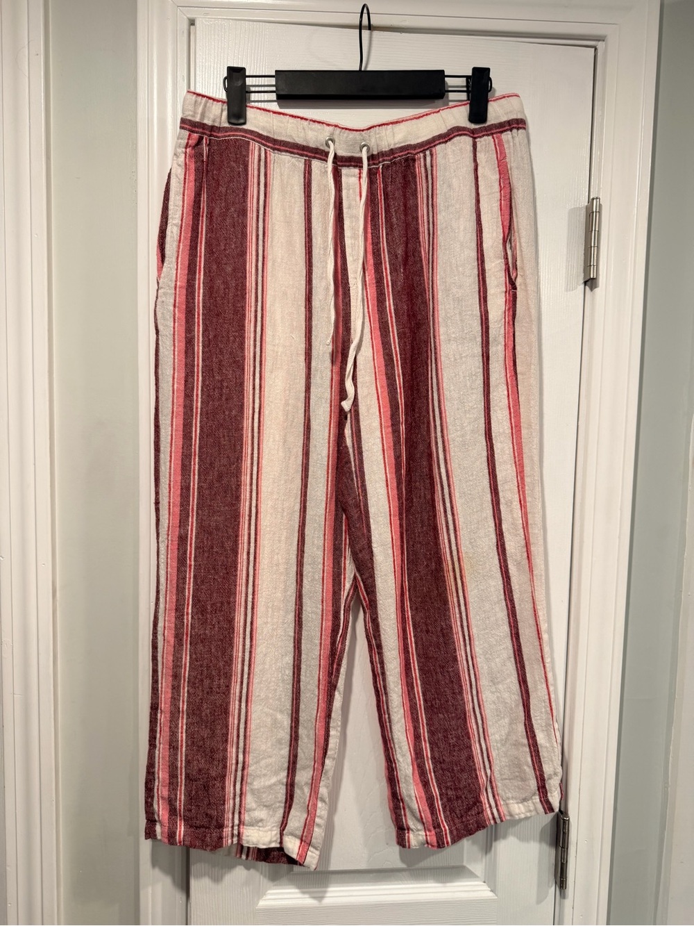 Jenna Rose Size L Pink Strip Linen Blend Wide Leg Crop Pull On Boho Resort Pants